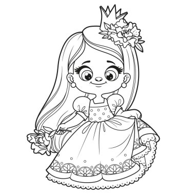 Beyaz arka planda boyama sayfası için çizilmiş büyük çiçekli prenses elbiseli uzun saçlı şirin bir kız.