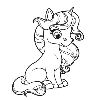 Beyaz bir arkaplanı boyamak için şirin, küçük tek boynuzlu at çizgisi.