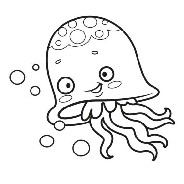 Beyaz arka planda renklendirme sayfası için özetlenmiş şirin çizgi film denizanası.