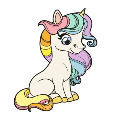 Sevimli çizgi film küçük tek boynuzlu at ranbow yeleli beyaz arka planda oturuyor.