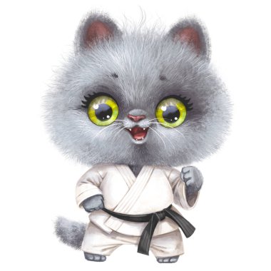 Kimonolu şirin gri kedi yavrusu karate güreşi yapıyor.