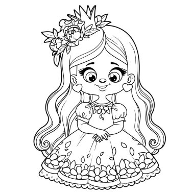 Uzun saçlı, balo elbiseli, saçları çiçekli, beyaz arka planda boyama sayfası çizilmiş güzel bir prenses.