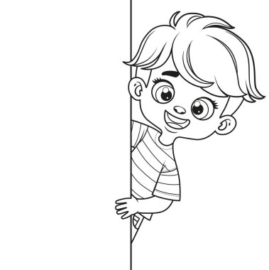 Beyaz arka planda boyama sayfası için özetlenmiş büyük beyaz bir posterin arkasından bakan sevimli çizgi film çocuğu.