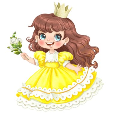 Beyaz güller ve suluboya boyalarla bembeyaz elbiseler içindeki şirin çizgi film prensesi.