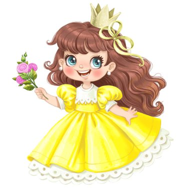 Hoş bir çizgi film prensesi, parlak sarı elbiseli, elinde pembe güller, elinde suluboya boyayla.