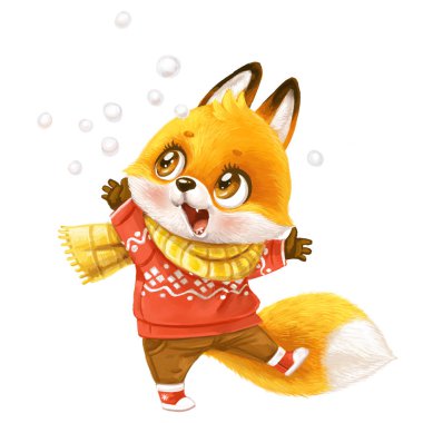 Şirin tüylü kızıl tilki ilk kar yağdığında sevinir