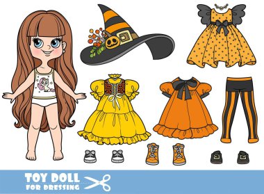 Çizgi film, uzun saçlı esmer kız ve kıyafetleri ayrı Cadılar Bayramı cadı kostümü.