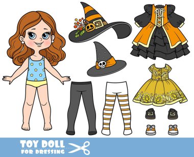 Çizgi filmlerdeki esmer kız ve giysiler ayrı - tayt ve şapkalı Cadılar Bayramı cadı kostümü