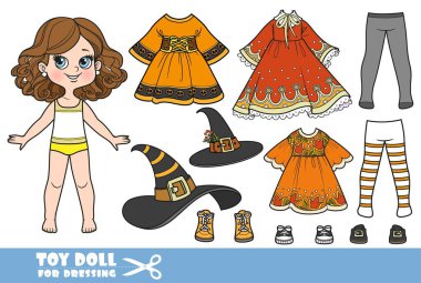 Cartoon girl with lush curly chestnut hairstyle - witch costume constructor with hats, tights and dresses clipart