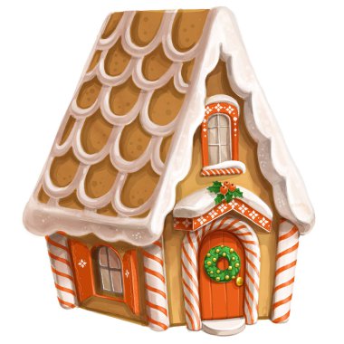 Kar süslemeleri ve şekerlemeleri olan şirin bir çizgi film Noel kurabiyesi evi.