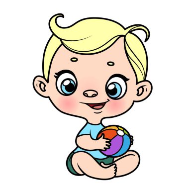 Oyuncak topu olan tatlı çizgi film çocuğu beyaz arka plan renk varyasyonuna oturur.