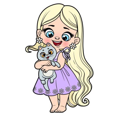 Tatlı çizgi film, uzun saçlı, beyaz arka planda kedisi olan kız.