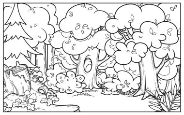 Eski bir peri masalı ormanı. Geniş ve büyük bir kütüğü var. Ön düzlemde mantarlar var.