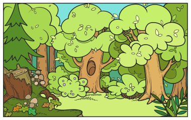 Old fairy tale forest with glade and big old stump with toadstools on the front plane on white horizontal background clipart