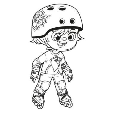 Yarasa çıkartmalı ve patenli koruyucu giysili sevimli çizgi film çocuğu.