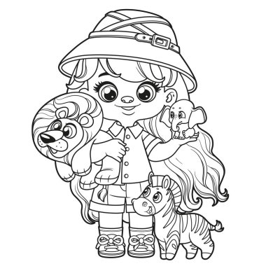 Cute cartoon girl in a pith helmet and with toys of African animals, an elephant, zebra and lion outlined for coloring page clipart