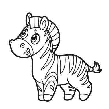 Renklendirme sayfası için beyaz arkaplan üzerine çizilmiş şirin bir çizgi film küçük zebra.