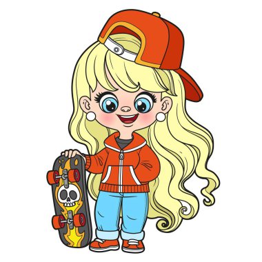 Beyaz arka planda kaykaylı şapkalı şirin bir çizgi film kızı.