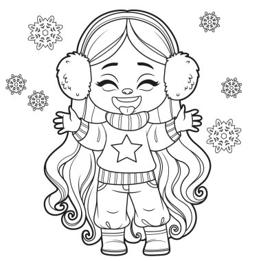Tatlı çizgi film, uzun saçlı, kalın kazaklı kız beyaz arka planda boyama sayfası için çizilmiş dilli kar taneleri yakalıyor.
