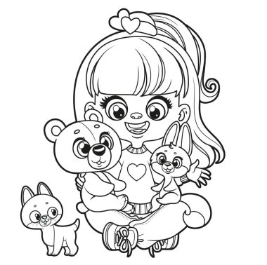 Yumuşak pelüş sincap, ayı ve kedi yavrusuyla beyaz arkaplanı boyamak için özetlenmiş şirin çizgi film kızı.