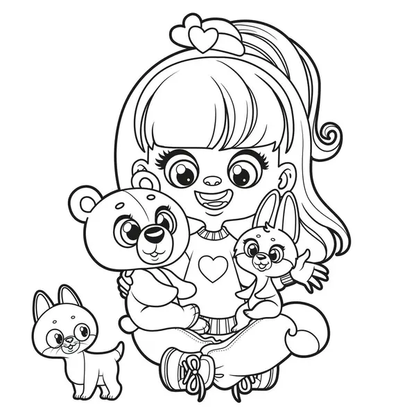 Yumuşak pelüş sincap, ayı ve kedi yavrusuyla beyaz arkaplanı boyamak için özetlenmiş şirin çizgi film kızı.