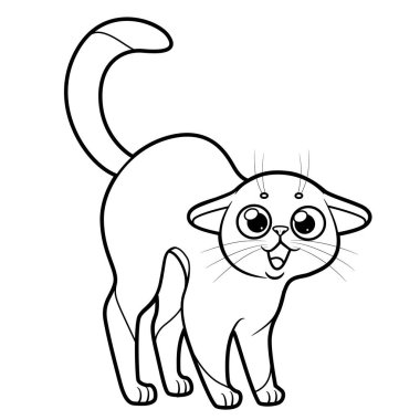 Sevimli çizgi film kedisi arkası kemerli ve kulakları düzleştirilmiş beyaz arka plan boyama sayfası için