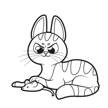 Cute cartoon kitten hunts a toy mouse outlined for coloring page on a white background clipart