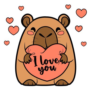 Tatlı Capybara çizgi filmi beyaz arka planda yumuşak yastık kalbini tutuyor.