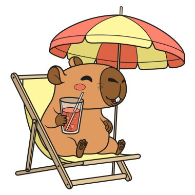 Tatlı çizgi film Capybara 'sı güneş altında şemsiyenin altında oturuyor ve bardakta içkiyle rahatlıyor.