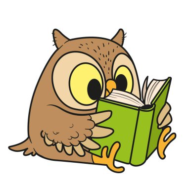 Sevimli çizgi film küçük baykuşu beyaz arka plan üzerine bir kitap okudu.