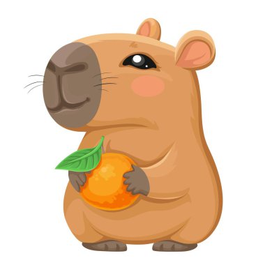 Pençelerinde yeşil bir yaprak olan mandalina tutan sevimli bir Capybara çizgi filmi.