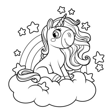 Tatlı çizgi roman tek boynuzlu atı beyaz bir arka planda izole edilmiş gökkuşağı ile bulutların üzerinde oturur.