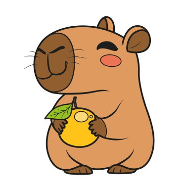 Sevimli çizgi film Capybara beyaz arka planda yapraklı bir mandalina tutuyor.