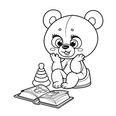 Tatlı çizgi film bebek ayısı lazımlığa oturur ve beyaz arka planda boyama sayfası için özetlenmiş resimli kitaba bakar.