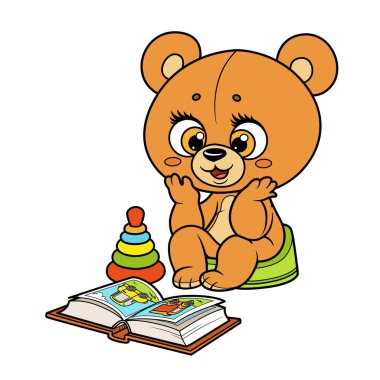 Tatlı çizgi film bebek ayısı lazımlığa oturur ve beyaz arka plandaki resimli kitaba bakar.