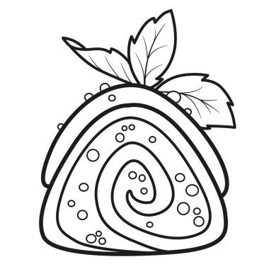 Kremayla süslenmiş bisküvili kek rulosu ve beyaz arka planda boyama sayfası için özetlenmiş nane yaprağı.