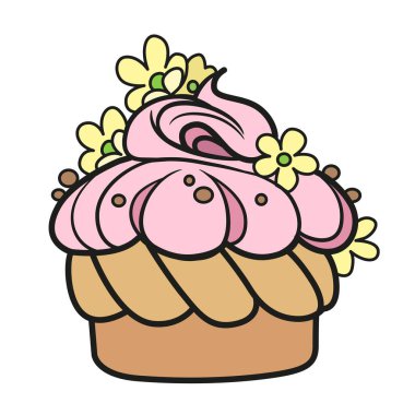 Beyaz arka planda çiçeklerle süslenmiş kremalı turta.