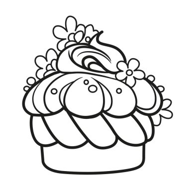 Beyaz arka planda renklendirme sayfası için çizilmiş çiçeklerle süslenmiş kremalı turta