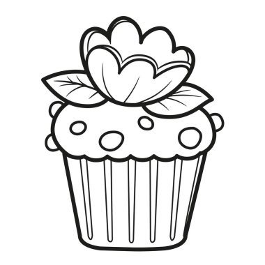 Krem şantili kek, beyaz arka planda boyama sayfası için özetlenmiş.