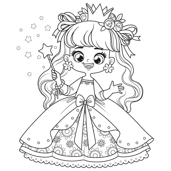 Beyaz arka planda boyama sayfası için özetlenmiş sihirli değnekli, gür elbiseli şirin çizgi film prensesi.