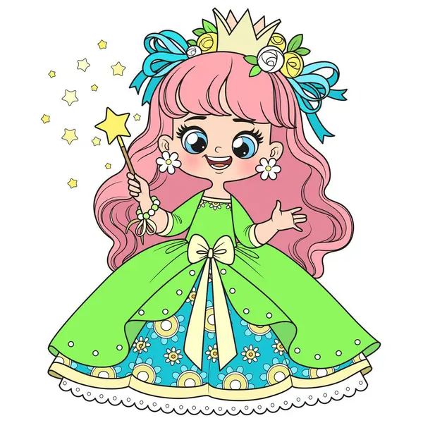 Beyaz arka planda sihirli değneği olan, gür elbiseli, sevimli çizgi film prensesi.