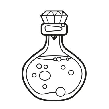 Yuvarlak cam şişe, beyaz arkaplanda renklendirme sayfası için özetlenmiş kristal şekilli bir tıpayla kapatıldı.