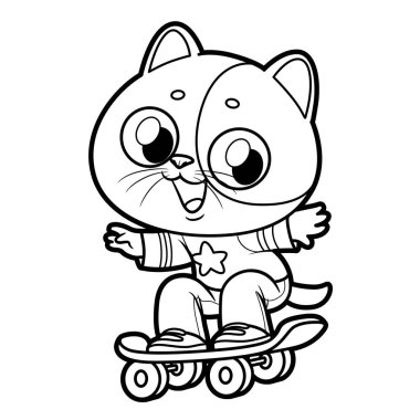 Beyaz arka planda boyama sayfası için özetlenmiş kaykayda hızlı binen sevimli çizgi film kedisi.