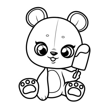 Beyaz arka planda boyama sayfası için çizilmiş dondurması olan şirin çizgi film bebek ayısı.