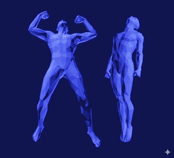 强壮的男人举起双手 自由或发展概念 跳的人 3D人体模型 体育设计 由粒子组成的矢量图 图库矢量图片