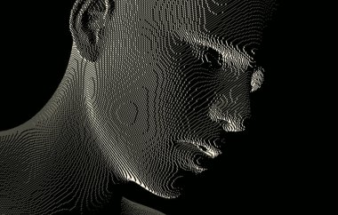 Abstract digital human head constructing from cubes. Minimalistic design for business presentations, flyers or posters. Technology and robotics concept. Voxel art. 3D vector illustration. clipart