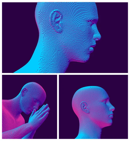 Abstracte Digitale Menselijke Hoofd Construeren Van Kubussen Een Man Die — Stockvector