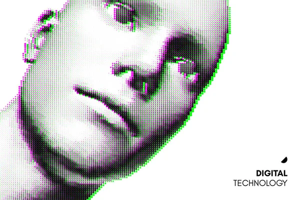 Tvář Muže Efektem Závady Abstraktní Mužská Hlava Teček Pixelové Umění — Stockový vektor