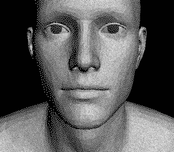 抽象的な男の頭の点から作られた カバーデザインテンプレート 顔認識 テクノロジーの概念 サイバーセキュリティベクトル図 バナー チラシ ポスターやパンフレットのための3Dベクトルイラスト ベクターグラフィックス