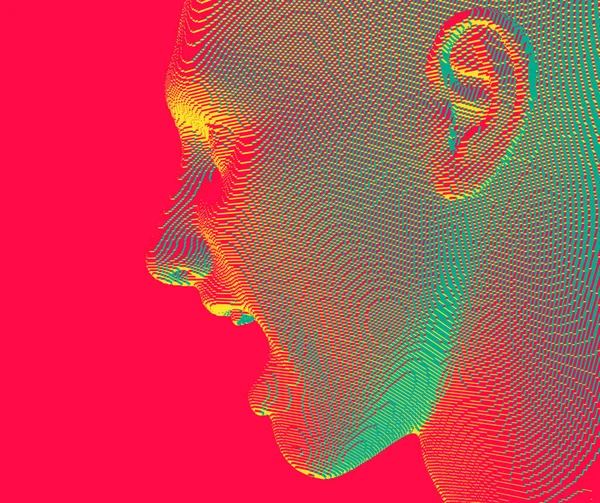 口を開けて叫ぶ男の肖像画 衝撃と畏敬の念 感情に満ちている ヴォクセル美術 3Dベクトル図 — ストックベクタ